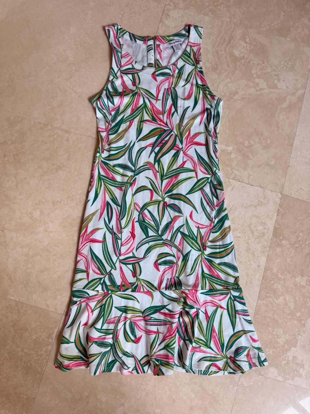 Tommy Bahama White Midi Dress with Green & Pink Leaf Print- XS